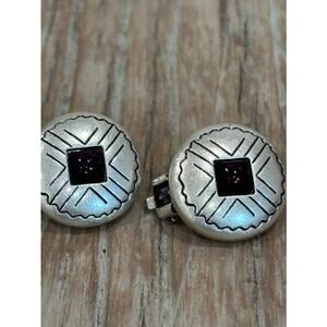 Vintage Ralph Lauren Silver Tone Southwestern Clip-On Earrings Garnet Red Stone